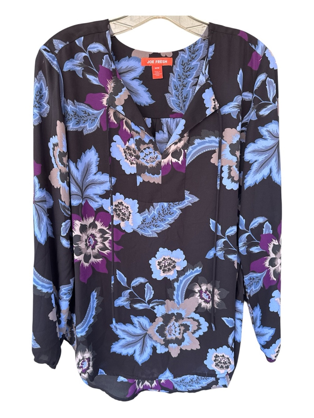 Joe Fresh Black Floral V-Neck Blouse with Blue & Purple Flowers - Medium
